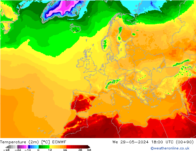 Temperatuurkaart (2m) ECMWF wo 29.05.2024 18 UTC