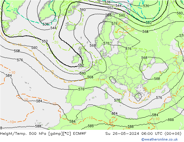 Hoogte/Temp. 500 hPa ECMWF zo 26.05.2024 06 UTC