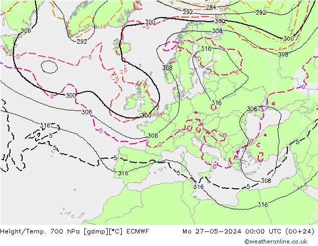 Height/Temp. 700 hPa ECMWF lun 27.05.2024 00 UTC