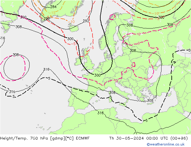 Height/Temp. 700 hPa ECMWF Th 30.05.2024 00 UTC