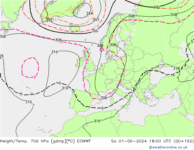 Hoogte/Temp. 700 hPa ECMWF za 01.06.2024 18 UTC