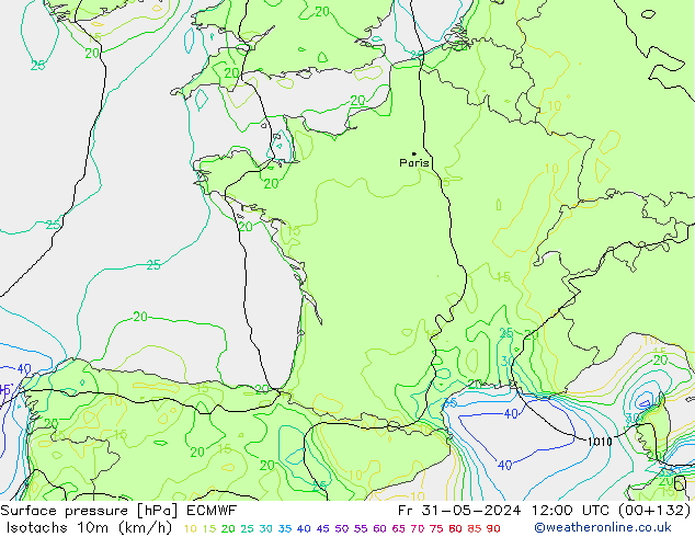 Isotachs (kph) ECMWF  31.05.2024 12 UTC