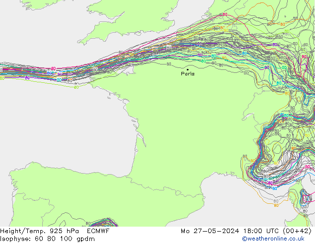 Height/Temp. 925 гПа ECMWF пн 27.05.2024 18 UTC