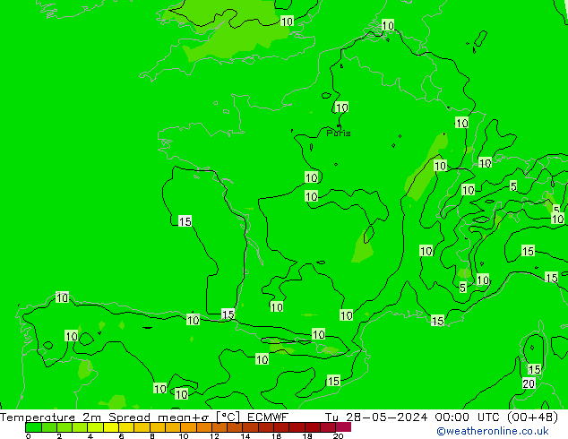 Temperature 2m Spread ECMWF Út 28.05.2024 00 UTC