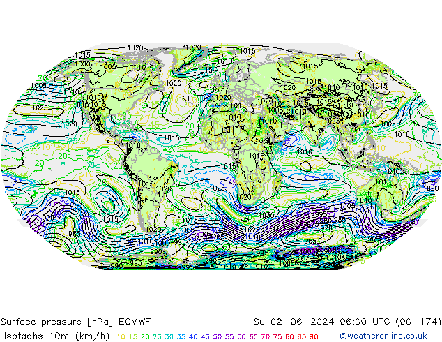Isotachs (kph) ECMWF Вс 02.06.2024 06 UTC