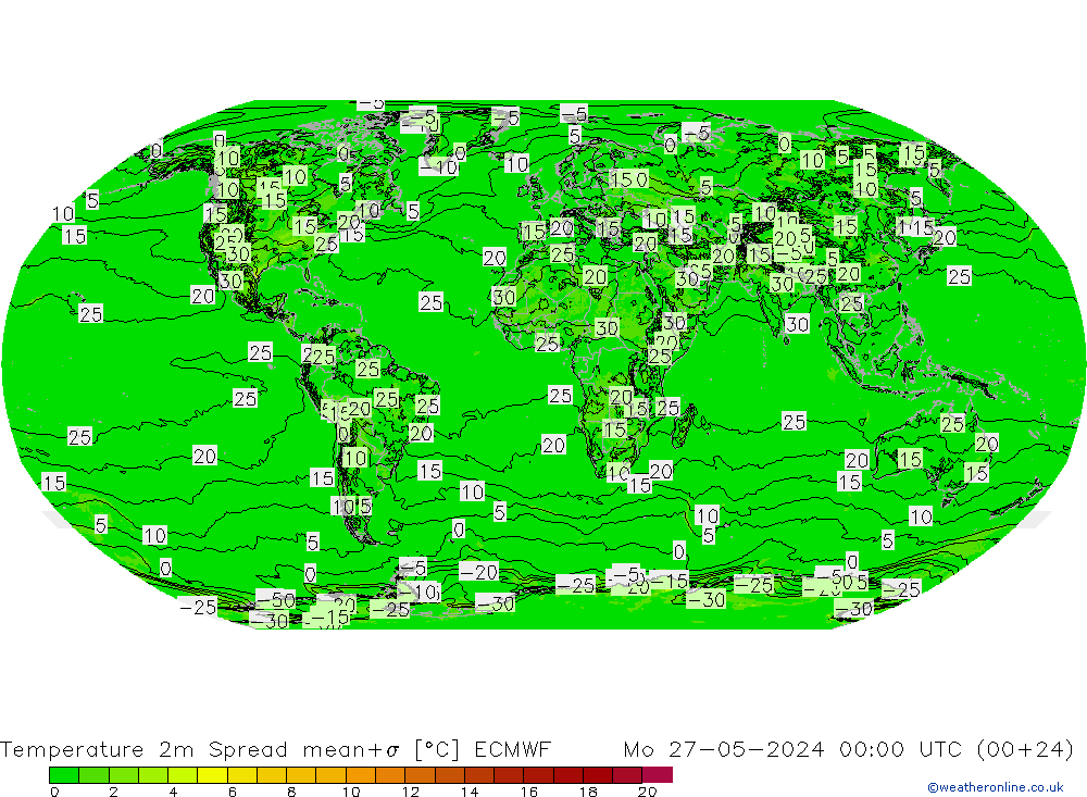 Temperatuurkaart Spread ECMWF ma 27.05.2024 00 UTC