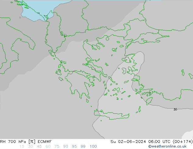 RH 700 hPa ECMWF Su 02.06.2024 06 UTC