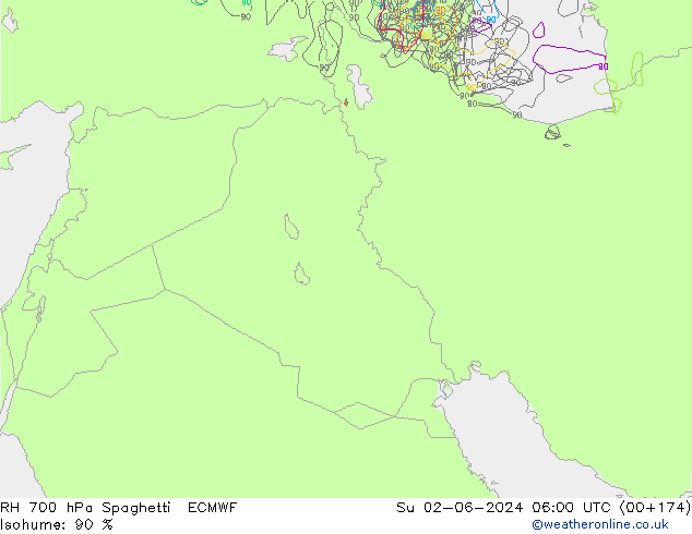 RH 700 гПа Spaghetti ECMWF Вс 02.06.2024 06 UTC