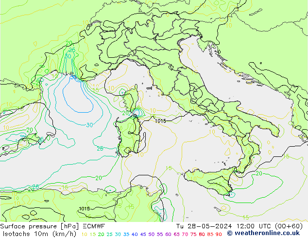 Isotachen (km/h) ECMWF Di 28.05.2024 12 UTC