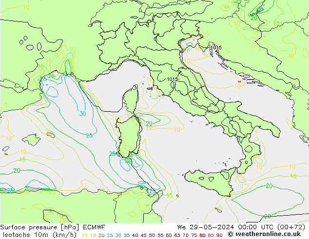 Isotachs (kph) ECMWF We 29.05.2024 00 UTC