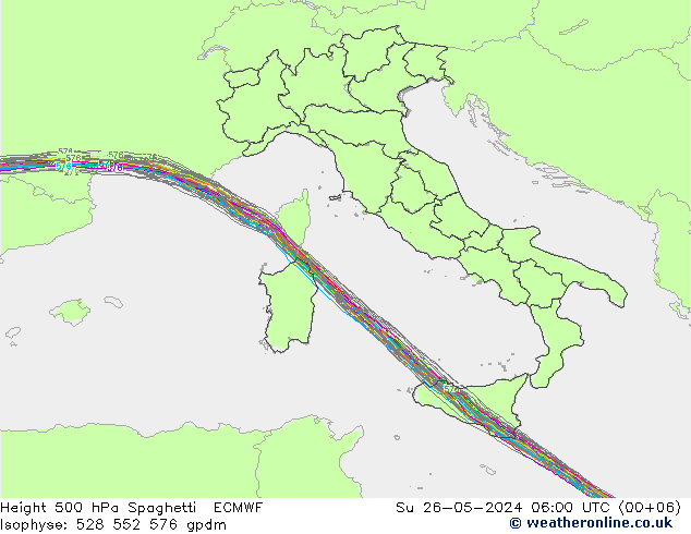 Height 500 гПа Spaghetti ECMWF Вс 26.05.2024 06 UTC