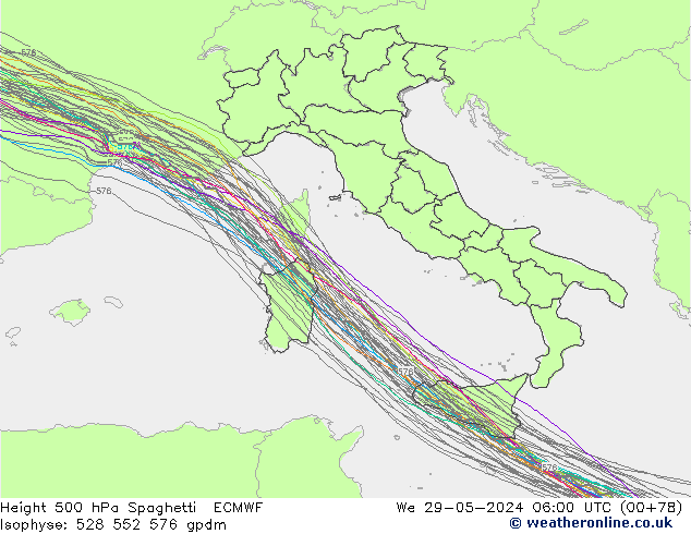 Height 500 hPa Spaghetti ECMWF St 29.05.2024 06 UTC