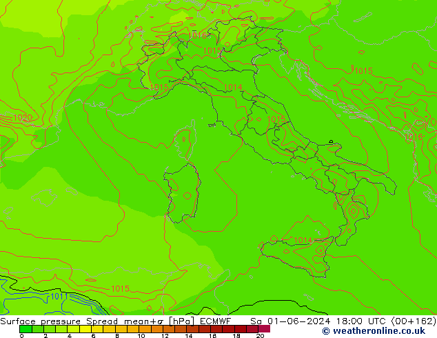 Surface pressure Spread ECMWF Sa 01.06.2024 18 UTC