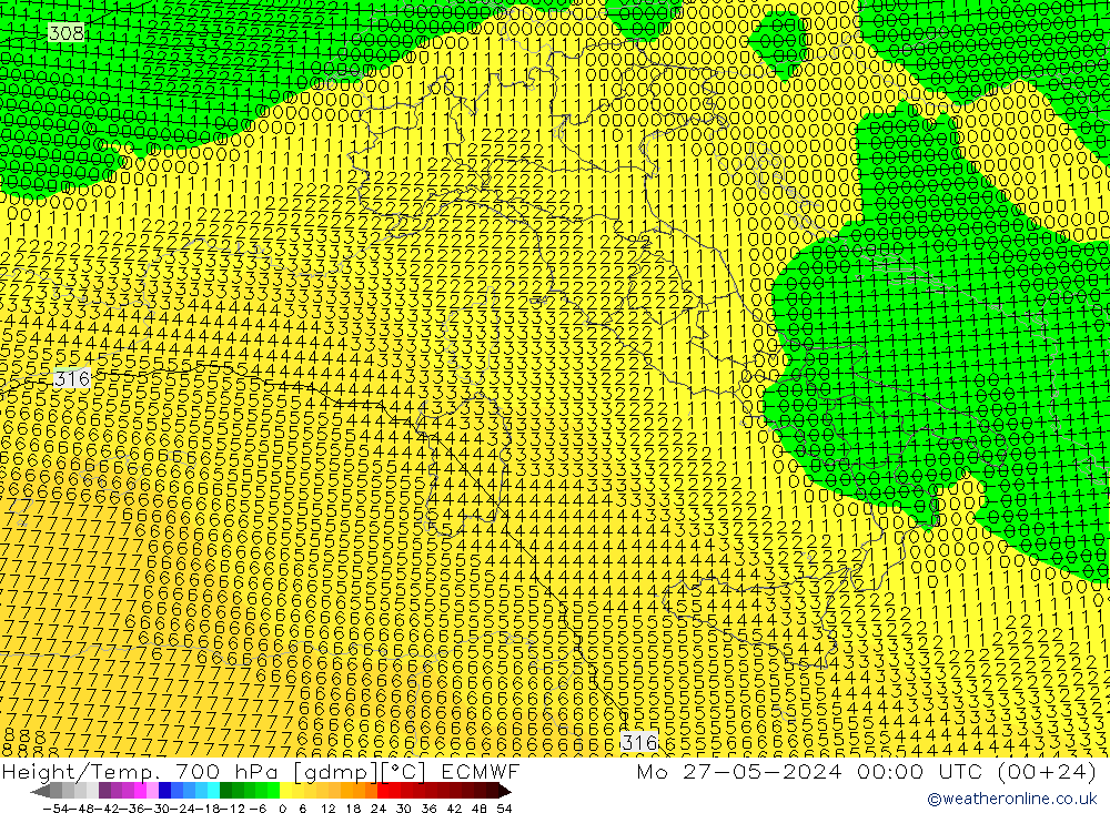 Height/Temp. 700 hPa ECMWF lun 27.05.2024 00 UTC