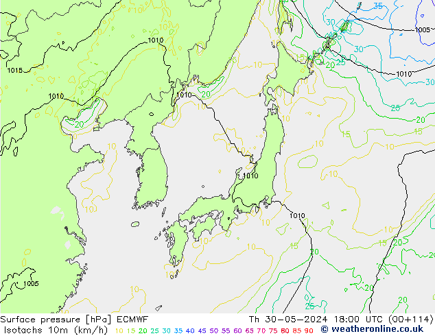 Isotachen (km/h) ECMWF do 30.05.2024 18 UTC