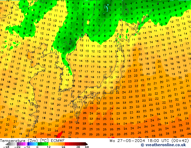 карта температуры ECMWF пн 27.05.2024 18 UTC