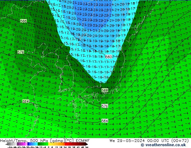 Height/Temp. 500 hPa ECMWF St 29.05.2024 00 UTC