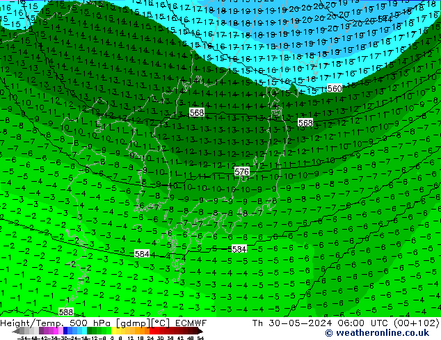 Height/Temp. 500 hPa ECMWF Qui 30.05.2024 06 UTC