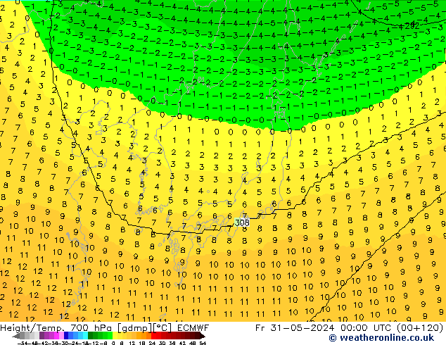 Géop./Temp. 700 hPa ECMWF ven 31.05.2024 00 UTC