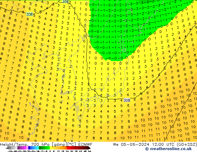 Height/Temp. 700 гПа ECMWF ср 05.06.2024 12 UTC