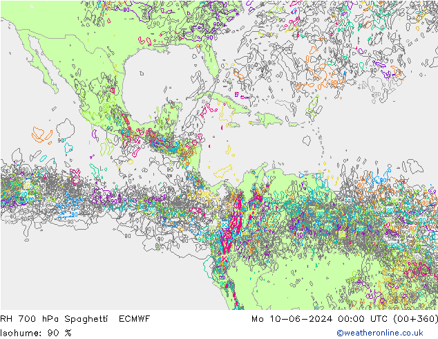 RH 700 гПа Spaghetti ECMWF пн 10.06.2024 00 UTC