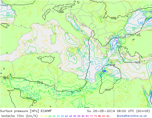 Isotachs (kph) ECMWF  26.05.2024 06 UTC