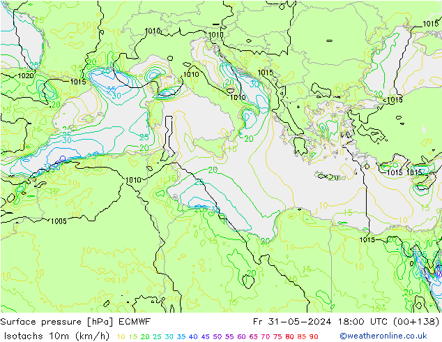 Izotacha (km/godz) ECMWF pt. 31.05.2024 18 UTC