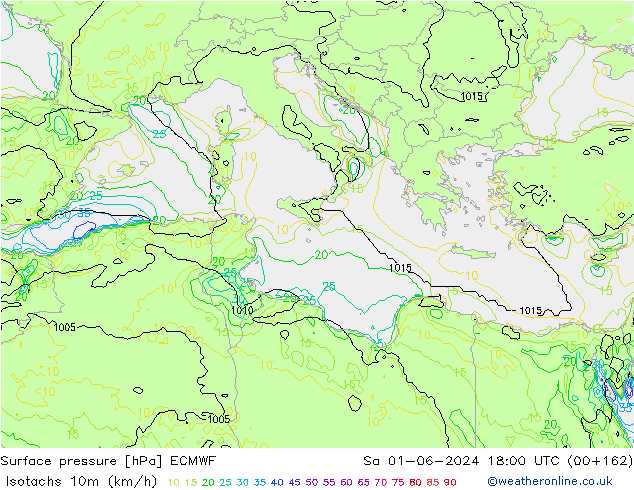 Isotachs (kph) ECMWF sam 01.06.2024 18 UTC