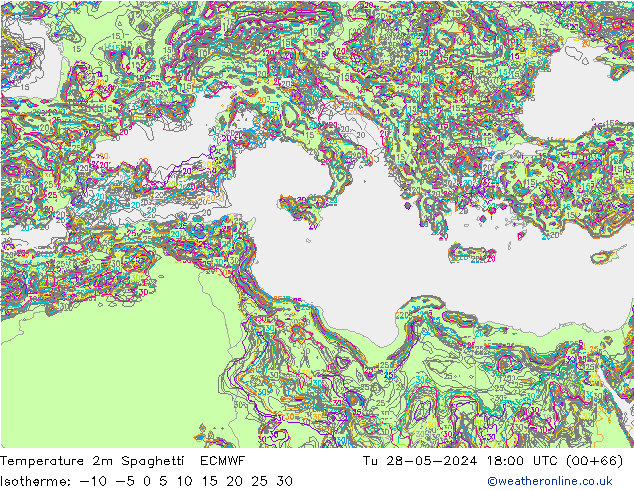 Temperature 2m Spaghetti ECMWF Út 28.05.2024 18 UTC