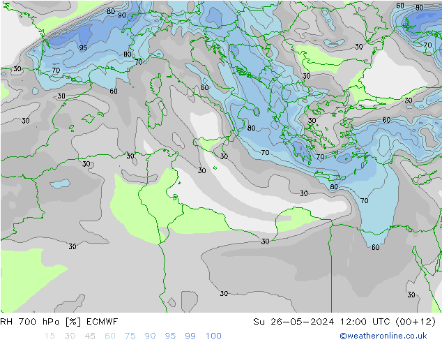 RH 700 гПа ECMWF Вс 26.05.2024 12 UTC