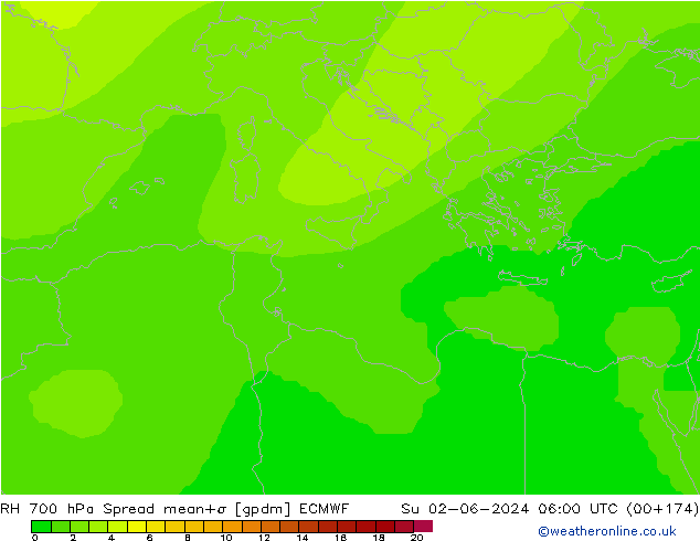 RH 700 hPa Spread ECMWF Su 02.06.2024 06 UTC