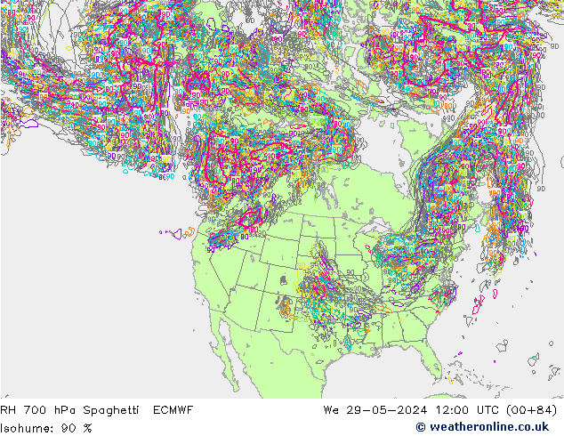 RH 700 hPa Spaghetti ECMWF  29.05.2024 12 UTC