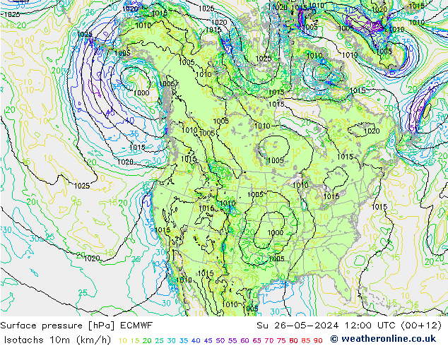 Isotachs (kph) ECMWF  26.05.2024 12 UTC