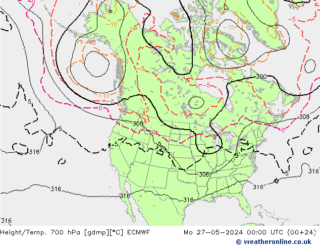 Height/Temp. 700 hPa ECMWF lun 27.05.2024 00 UTC