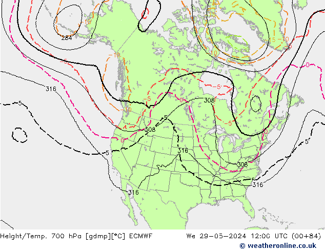 Height/Temp. 700 hPa ECMWF mer 29.05.2024 12 UTC