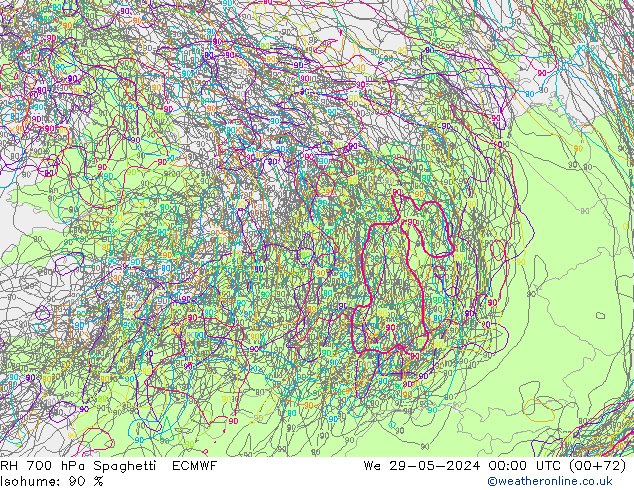 RH 700 hPa Spaghetti ECMWF We 29.05.2024 00 UTC