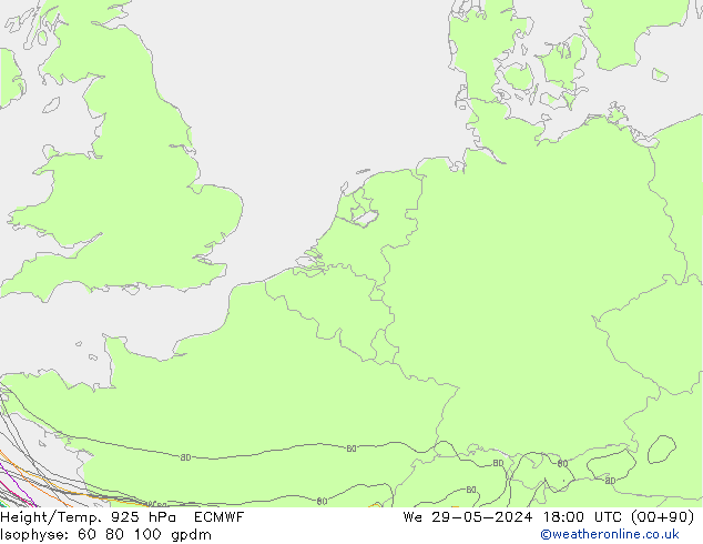 Geop./Temp. 925 hPa ECMWF mié 29.05.2024 18 UTC