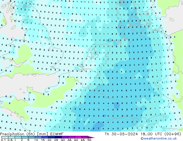 Precipitación (6h) ECMWF jue 30.05.2024 00 UTC