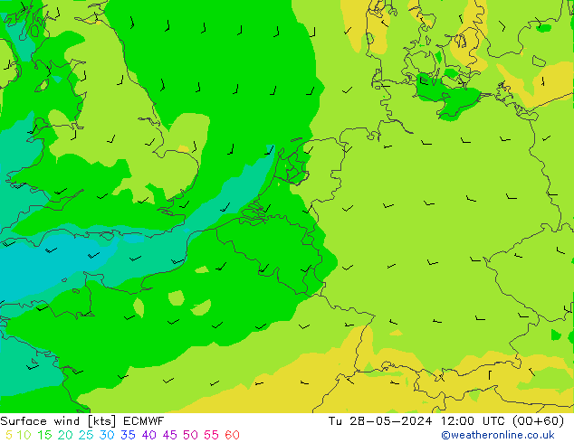 wiatr 10 m ECMWF wto. 28.05.2024 12 UTC