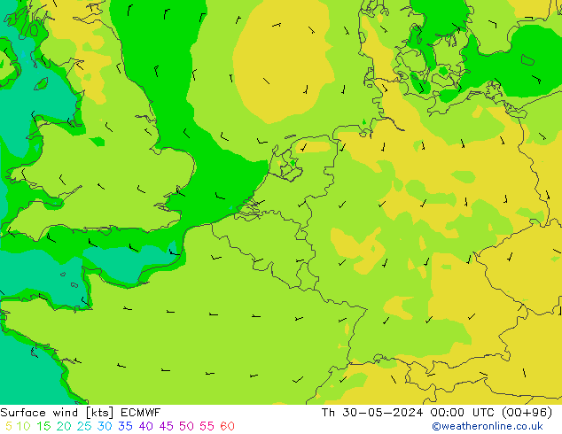 Surface wind ECMWF Čt 30.05.2024 00 UTC