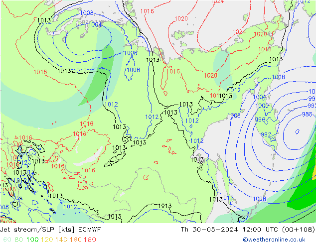 Straalstroom/SLP ECMWF do 30.05.2024 12 UTC