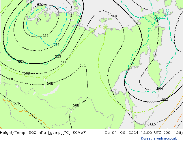 Height/Temp. 500 hPa ECMWF Sa 01.06.2024 12 UTC