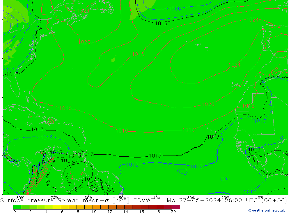 Pressione al suolo Spread ECMWF lun 27.05.2024 06 UTC