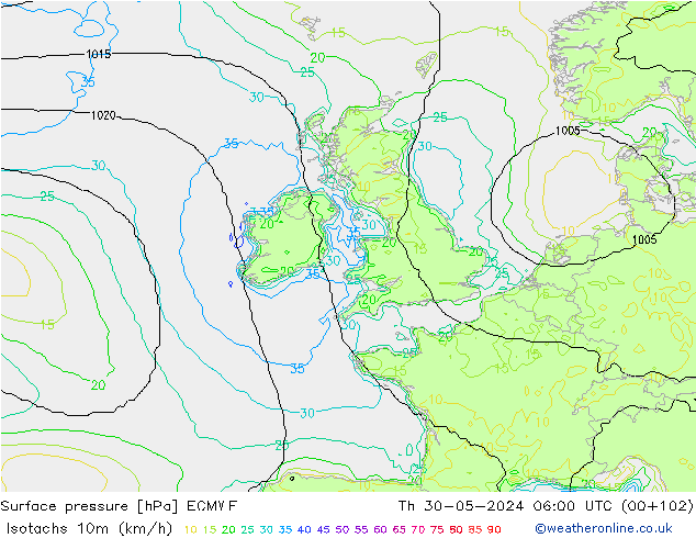 Isotaca (kph) ECMWF jue 30.05.2024 06 UTC