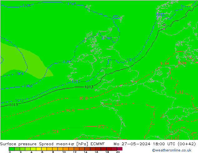 Atmosférický tlak Spread ECMWF Po 27.05.2024 18 UTC