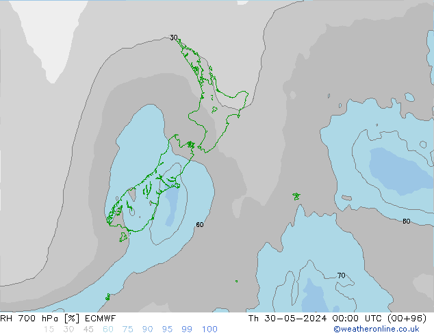 RH 700 гПа ECMWF чт 30.05.2024 00 UTC