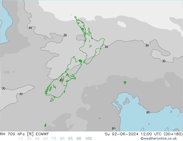 Humedad rel. 700hPa ECMWF dom 02.06.2024 12 UTC