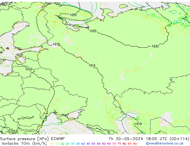 Izotacha (km/godz) ECMWF czw. 30.05.2024 18 UTC