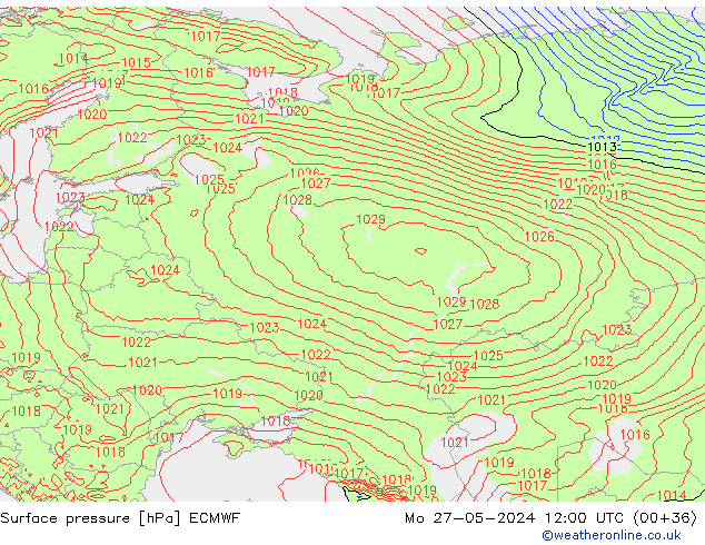 Atmosférický tlak ECMWF Po 27.05.2024 12 UTC