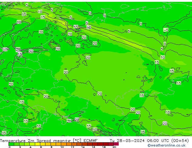 Temperature 2m Spread ECMWF Tu 28.05.2024 06 UTC